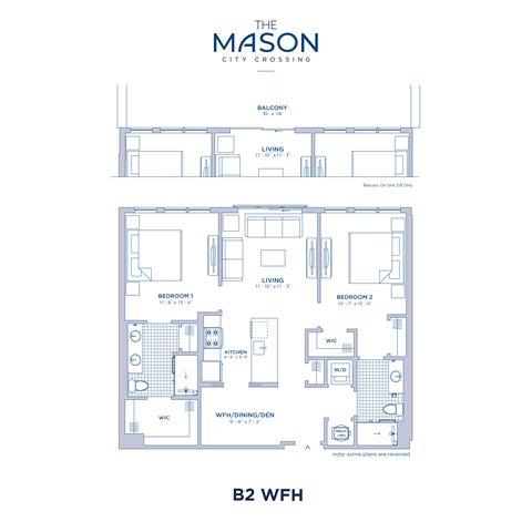 Floor plan for 2 beds, 2 baths, 1077 sqft
